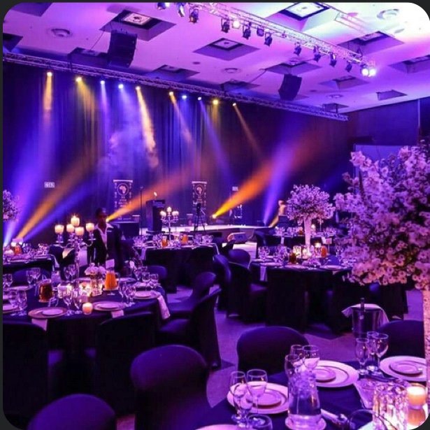 Corporate gala dinner with professional purple stage lighting and seating