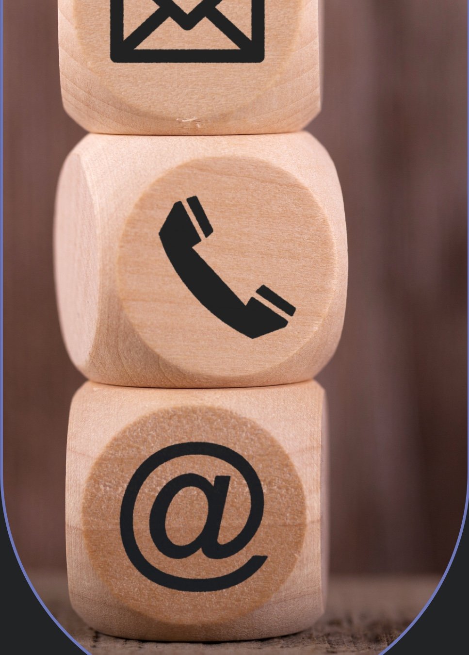 Starwood Events contact wooden icon cubes representing mail, phone, and website