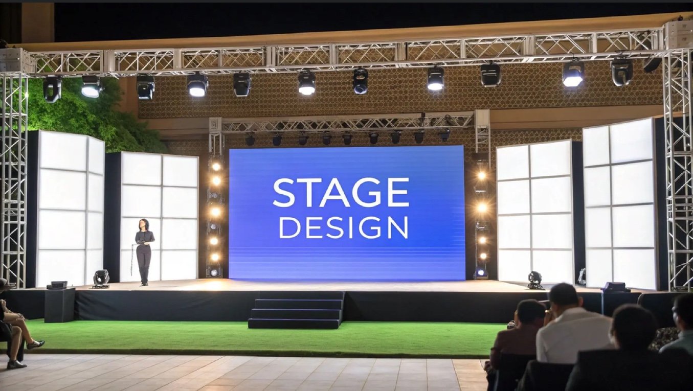 Outdoor amphitheater stage design with LED visual display and illumination trusses