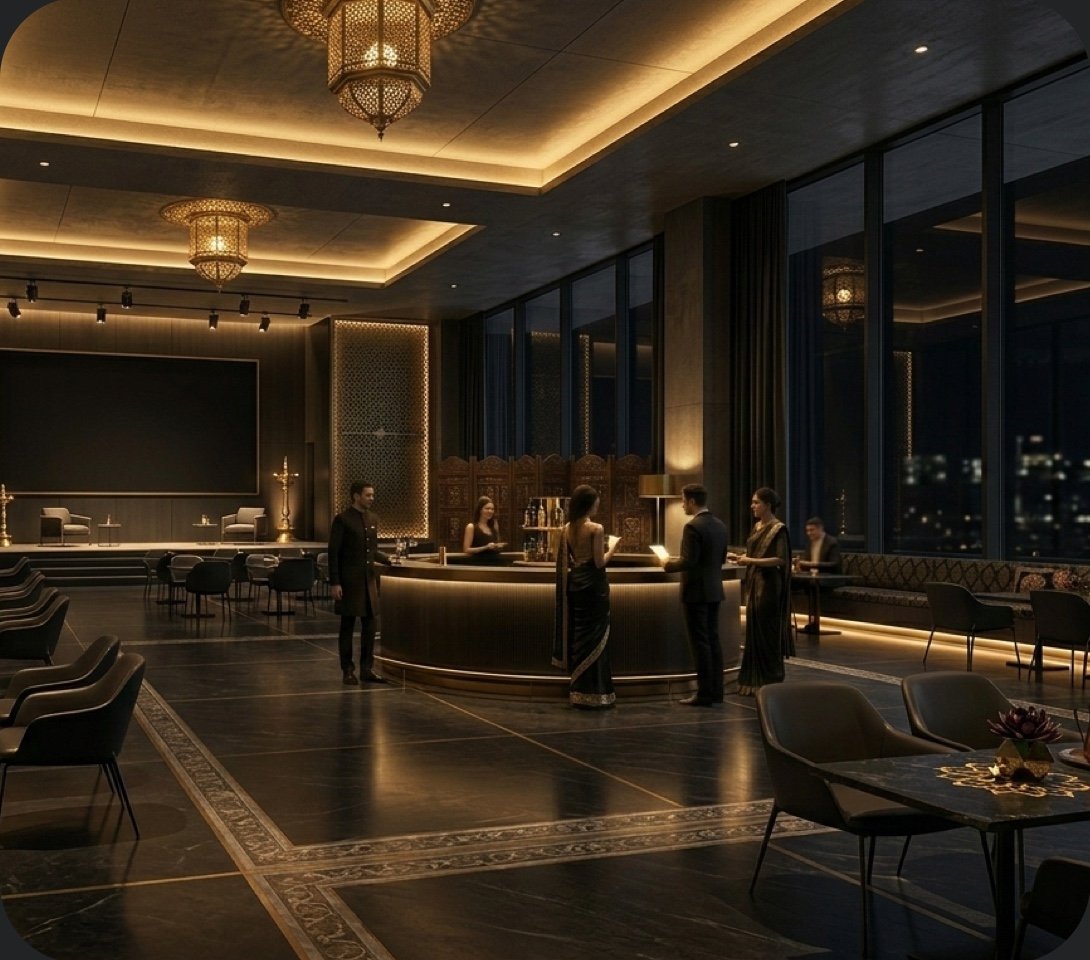 Panoramic luxury ballroom venue with warm ambient lighting